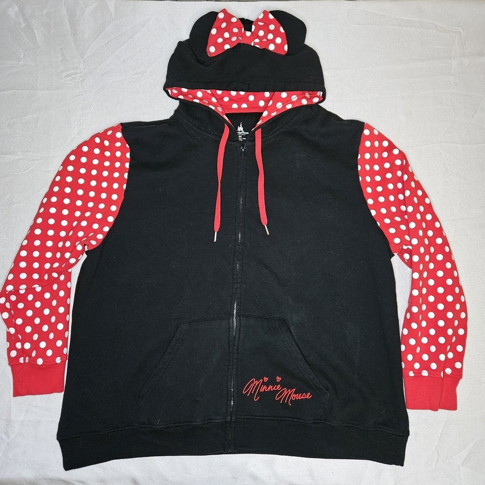Disney Parks Minnie Mouse Polka Dot Ears Bow Full Zip Hoodie Sweatshirt Black 3X